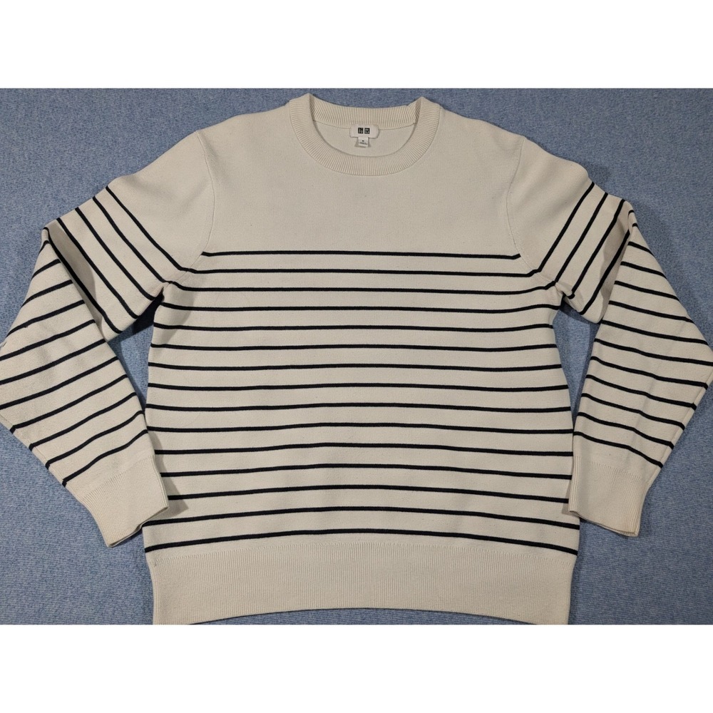 Uniqlo Mens Striped Crew Neck Sweater Off-White Navy Blue Cotton Blend 468753 M
